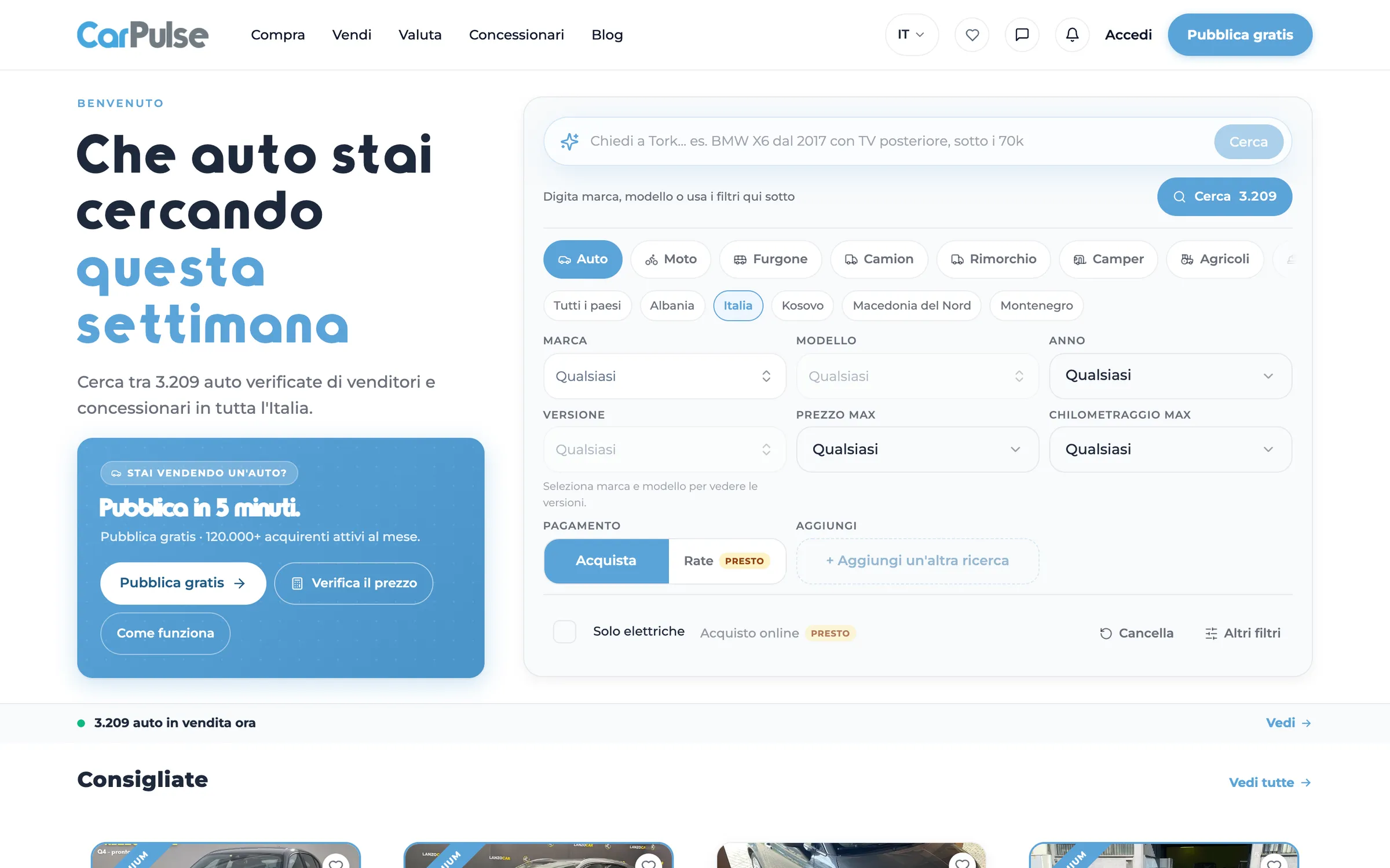Página de inicio de CarPulse.it (mercado italiano)