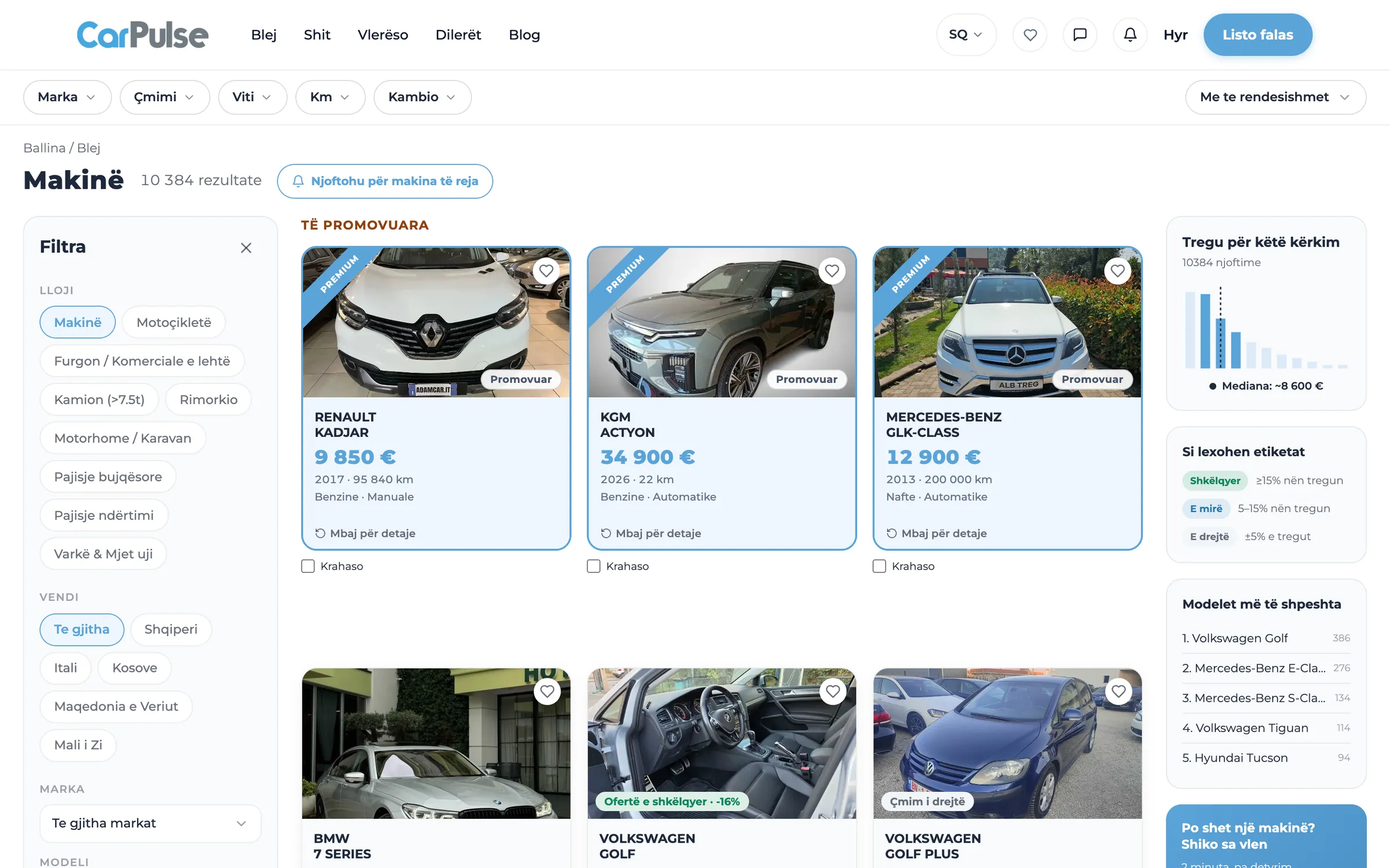 Resultados de CarPulse.al con fichas de coches, fotos y precios